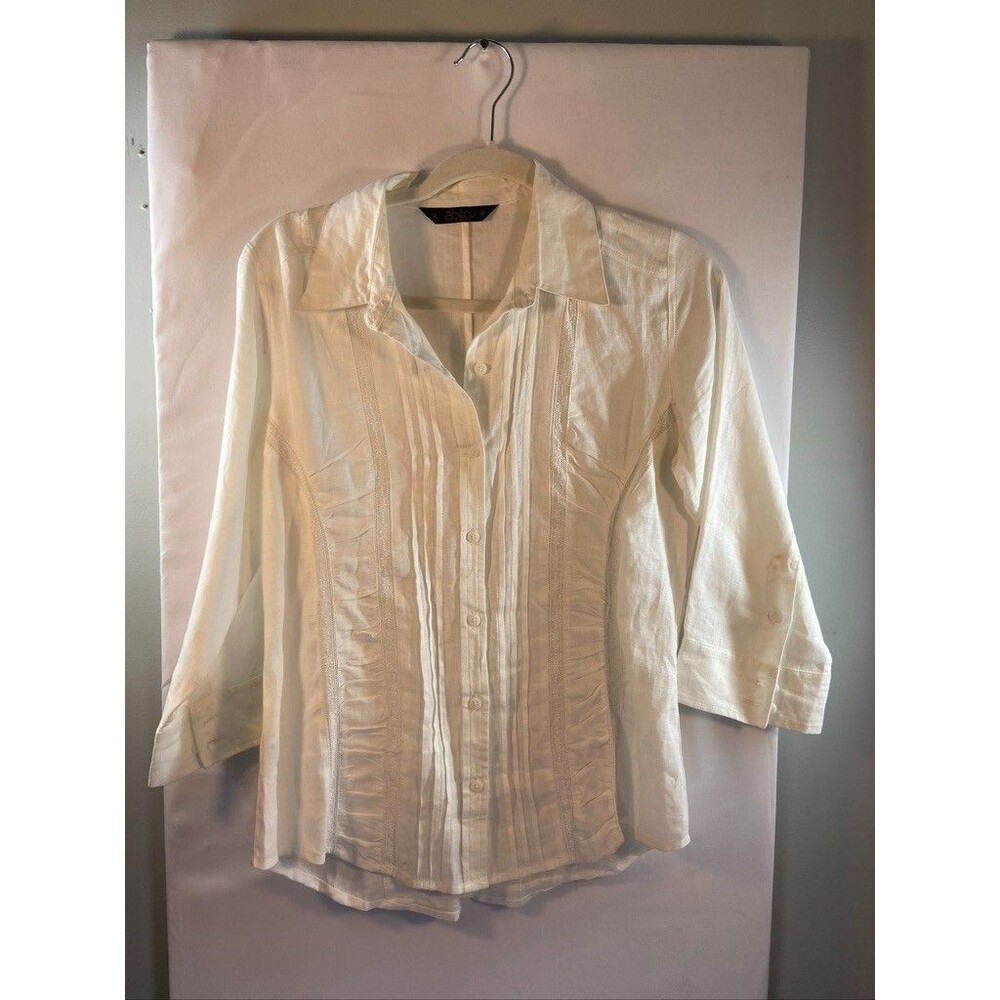 ABITO WOMENS SZ MEDIUM WHITE PLEATS BUTTON UP 3/4 SLEEVE LINEN BLOUSE